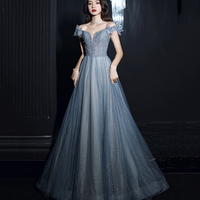 Blue tulle sequins long prom dress blue evening dress - Thumbnail 7