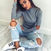 Long Sleeve Grey High Neck Cut-Out Knit Top - Thumbnail 1