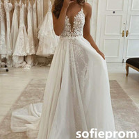 SP1406,White v neck tulle lace long prom dress evening dress wedding dress - Thumbnail 1
