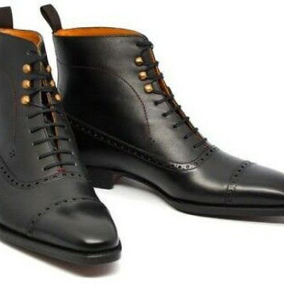 Best handmade black cap toe ankle high military leather lace up boot - Thumbnail 3