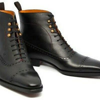 Best Handmade Black Cap Toe Ankle High Military Leather Lace Up Boot - Thumbnail 1