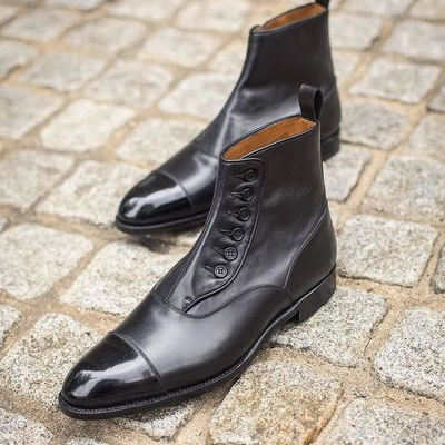 Handmade new black genuine leather cap toe formal button boot - Thumbnail 4