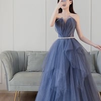 Blue tulle long prom dress blue evening dress - Thumbnail 1