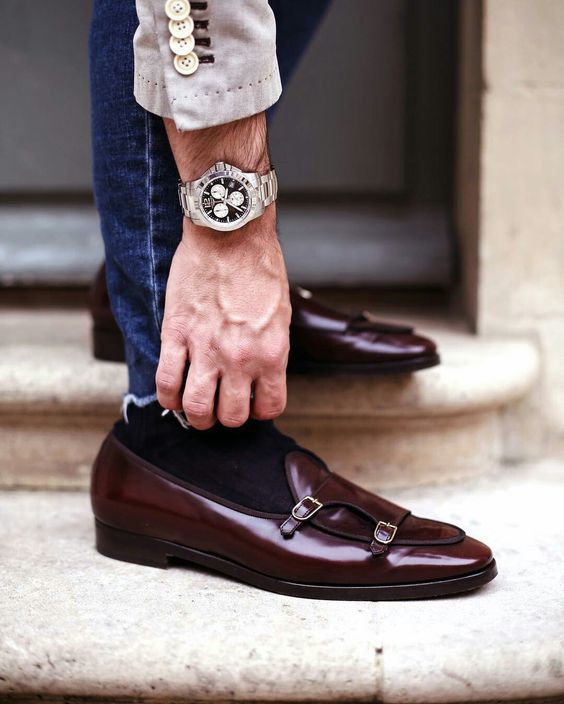 New Dark Brown Double Monk Strap Leather Shoes