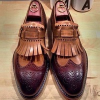 Best Two Tone Wing Tip Brogue Fringe Monk Handmade Party Wear Leather Shoes  - Thumbnail 1