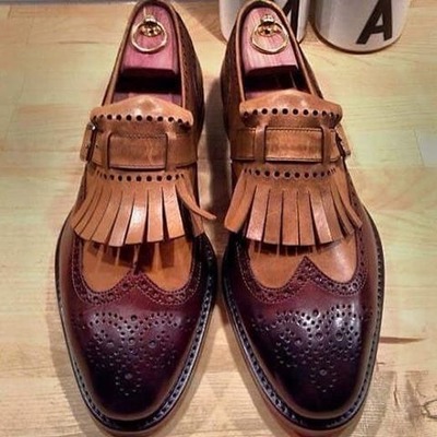 Best two tone wing tip brogue fringe monk handmade party wear leather shoes 