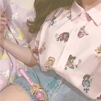 Pastel Anime Girl Japanese Print Cartoon Button Down Short Sleeve Shirt  - Thumbnail 1