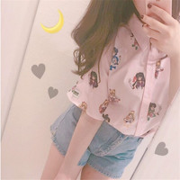 Pastel Anime Girl Japanese Print Cartoon Button Down Short Sleeve Shirt  - Thumbnail 3