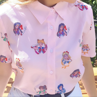 Pastel Anime Girl Japanese Print Cartoon Button Down Short Sleeve Shirt  - Thumbnail 4