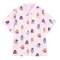 Pastel Anime Girl Japanese Print Cartoon Button Down Short Sleeve Shirt  - Thumbnail 5