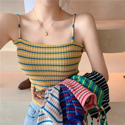Cute stripe knit cropped tank top spaghetti strap camisole sleeveless shirt t-shirt top e-girl kawaii korean japanese harajuku streetwear