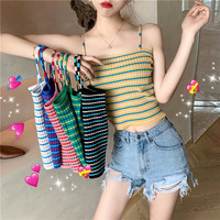 Cute Stripe Knit Cropped Tank Top Spaghetti Strap Camisole Sleeveless Shirt T-shirt Top E-Girl Kawaii Korean Japanese Harajuku Streetwear - Thumbnail 5
