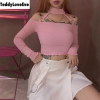 Cute Pink Strapless Ruffle Crop Top Causal Slim Long Sleeve Shirt T-shirt Top Tee E-Girl Kawaii Korean Japanese Harajuku Streetwear - Thumbnail 2
