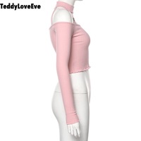 Cute Pink Strapless Ruffle Crop Top Causal Slim Long Sleeve Shirt T-shirt Top Tee E-Girl Kawaii Korean Japanese Harajuku Streetwear - Thumbnail 7