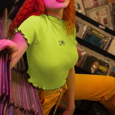 Cute Neon Green Flower Embroidery Casual Summer Crop Top Short Sleeve Tee Shirt T-Shirt E-Girl Kawaii Korean Japanese Harajuku Streetwear