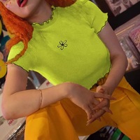 Cute Neon Green Flower Embroidery Casual Summer Crop Top Short Sleeve Tee Shirt T-Shirt E-Girl Kawaii Korean Japanese Harajuku Streetwear - Thumbnail 2