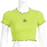 Cute Neon Green Flower Embroidery Casual Summer Crop Top Short Sleeve Tee Shirt T-Shirt E-Girl Kawaii Korean Japanese Harajuku Streetwear - Thumbnail 3