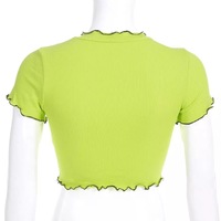 Cute Neon Green Flower Embroidery Casual Summer Crop Top Short Sleeve Tee Shirt T-Shirt E-Girl Kawaii Korean Japanese Harajuku Streetwear - Thumbnail 4