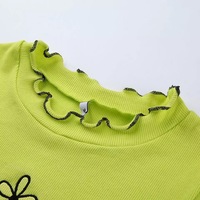 Cute Neon Green Flower Embroidery Casual Summer Crop Top Short Sleeve Tee Shirt T-Shirt E-Girl Kawaii Korean Japanese Harajuku Streetwear - Thumbnail 5