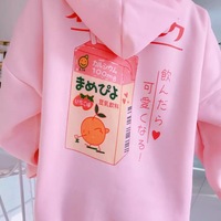 Cute Pastel Pink Peach Cartoon Print Long Sleeve Hoodie Pullover Sweater Sweatshirt Autumn Winter E-Girl Kawaii Korean Japanese Harajuku Streetwear - Thumbnail 1