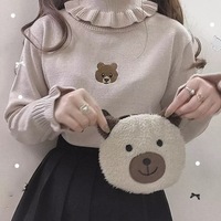 Cute Bear Embroidery Turtleneck Vintage Sweater High Neck Ruffle Pullover Long Sleeve Knit E-Girl Kawaii Korean Japanese Harajuku Streetwear - Thumbnail 2