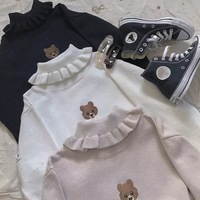 Cute Bear Embroidery Turtleneck Vintage Sweater High Neck Ruffle Pullover Long Sleeve Knit E-Girl Kawaii Korean Japanese Harajuku Streetwear - Thumbnail 1