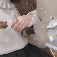 Cute Bear Embroidery Turtleneck Vintage Sweater High Neck Ruffle Pullover Long Sleeve Knit E-Girl Kawaii Korean Japanese Harajuku Streetwear - Thumbnail 4