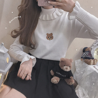 Cute Bear Embroidery Turtleneck Vintage Sweater High Neck Ruffle Pullover Long Sleeve Knit E-Girl Kawaii Korean Japanese Harajuku Streetwear - Thumbnail 8