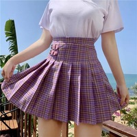 Cute Preppy Purple Plaid High Waisted Mini Skirt Summer Casual School Girl E-Girl Kawaii Korean Japanese Harajuku Streetwear - Thumbnail 1