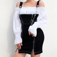 Sexy Black Casual Chain Metal Sling Belt Zipper Short Mini Dress Punk Goth E-Girl Kawaii Korean Japanese Harajuku Streetwear - Thumbnail 2