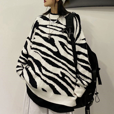 Vintage zebra stripe pattern color block jumper knit sweater