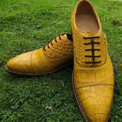 Handmade men's genuine yellow leather crocodile print lace up dress shoes