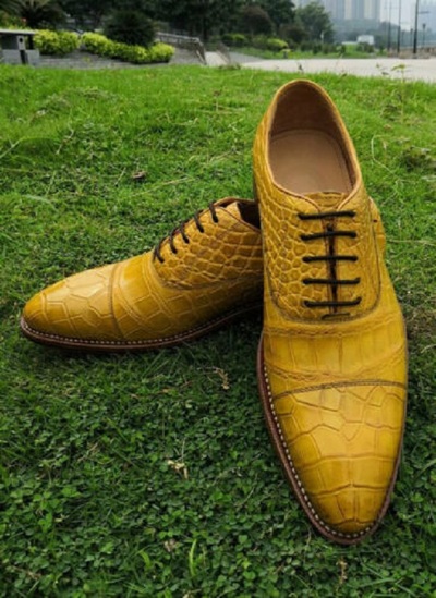Handmade Men's Genuine Yellow Leather Crocodile Print Lace Up Dress Shoes