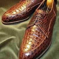 Handmade Men's Genuine Crocodile Print Tan Leather Derby Lace up Shoes - Thumbnail 1
