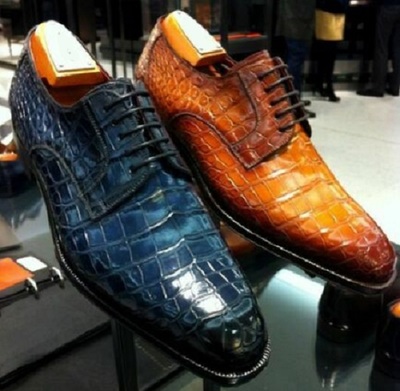 Handmade Men's Genuine Crocodile Print Tan Leather Derby Lace up Shoes