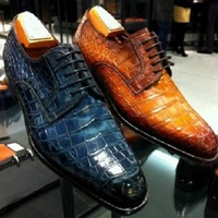 Handmade Men's Genuine Crocodile Print Tan Leather Derby Lace up Shoes - Thumbnail 1