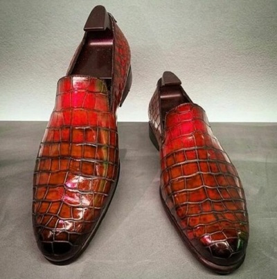 Handmade Men's Genuine Maroon Leather Crocodile Print Moccasins Loafer Shoes