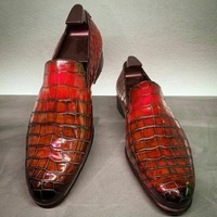Handmade Men's Genuine Maroon Leather Crocodile Print Moccasins Loafer Shoes - Thumbnail 4