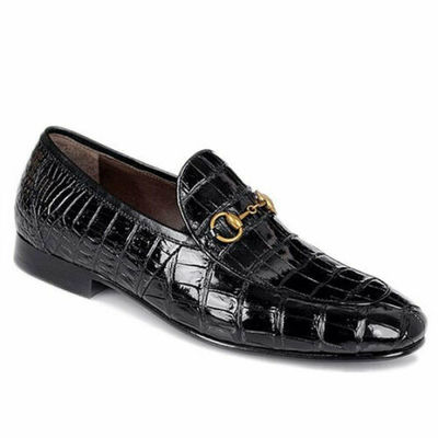 Handmade men's genuine black leather crocodile print moccasins loafer shoes