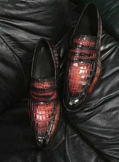Handmade Men's Genuine Crocodile Print Leather Loafer Moccasin Shoes
