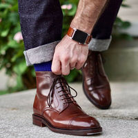 Handmade Men's Genuine Brown Leather Cap Toe Lace up Derby Ankle High Boots - Thumbnail 4