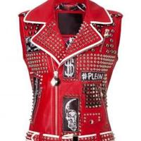 New Women Red Full Heavy Metal Black Spiked Tonal Studded Punk Leather Jacket, Women Sleeveless Biker Leather Jacket - Thumbnail 4