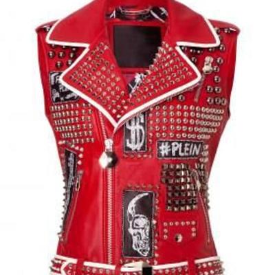 New women red full heavy metal black spiked tonal studded punk leather jacket, women sleeveless biker leather jacket