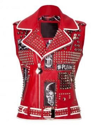 New Women Red Full Heavy Metal Black Spiked Tonal Studded Punk Leather Jacket, Women Sleeveless Biker Leather Jacket