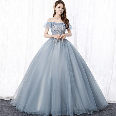 Grey tulle lace long prom gown a line evening dress - Thumbnail 4