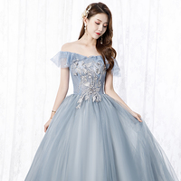 Grey tulle lace long prom gown A line evening dress - Thumbnail 1