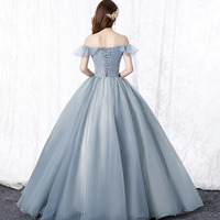 Grey tulle lace long prom gown A line evening dress - Thumbnail 3