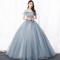 Grey tulle lace long prom gown A line evening dress - Thumbnail 4