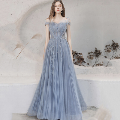 Blue tulle long prom dress blue evening dress - Thumbnail 4