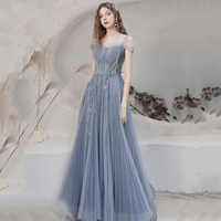 Blue tulle long prom dress blue evening dress - Thumbnail 3